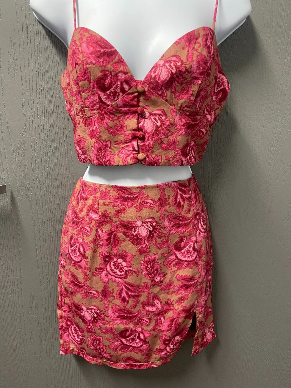 Pink Floral Coquette Matching Set Bustier Crop Top Mini Skirt NWT Size 8